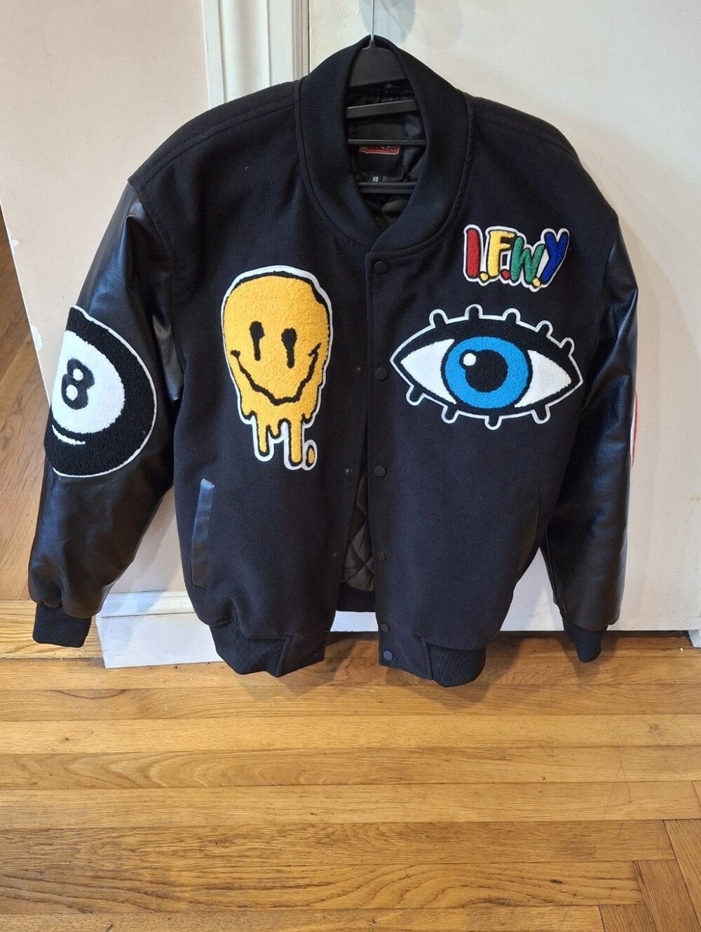 Graphic Print Custom made Varsity Jacket W Faux leather Trims Size Xs Unisex